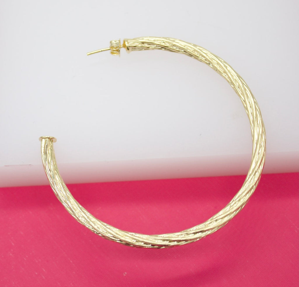 18K Gold Filled Large 4mm Open Hoop Twisted Stud Earrings-1