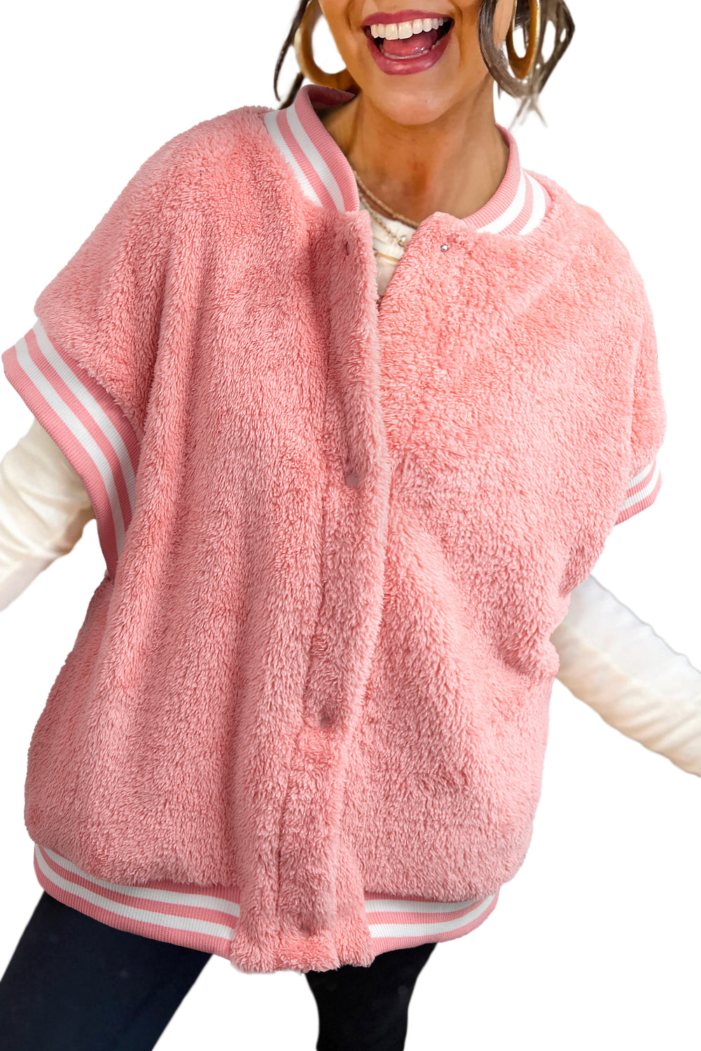 Gossamer Pink Contrast Trim Plush Sleeveless Coat