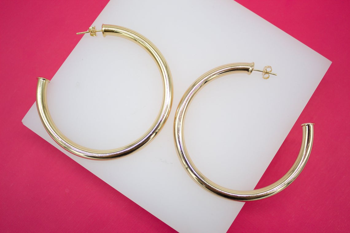 18K Gold Filled 5mm Open Hoop Stud Hoops Earrings (J56)-0