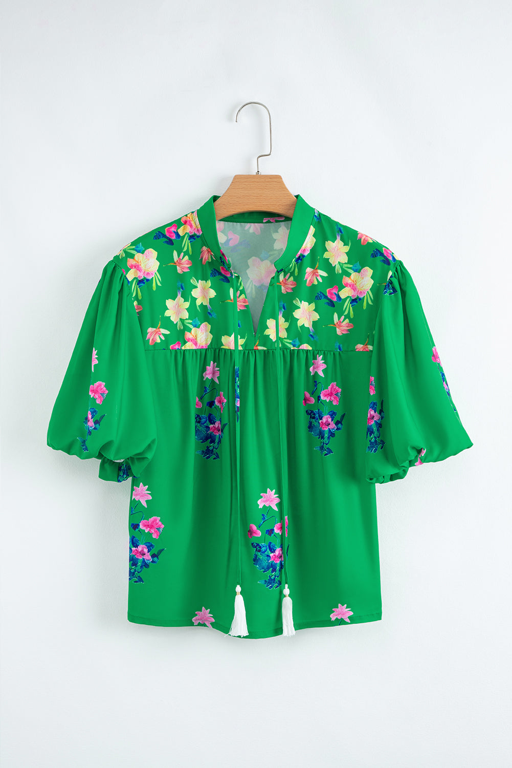 Green Floral Detail Tie Split Neck Puff Sleeve Blouse