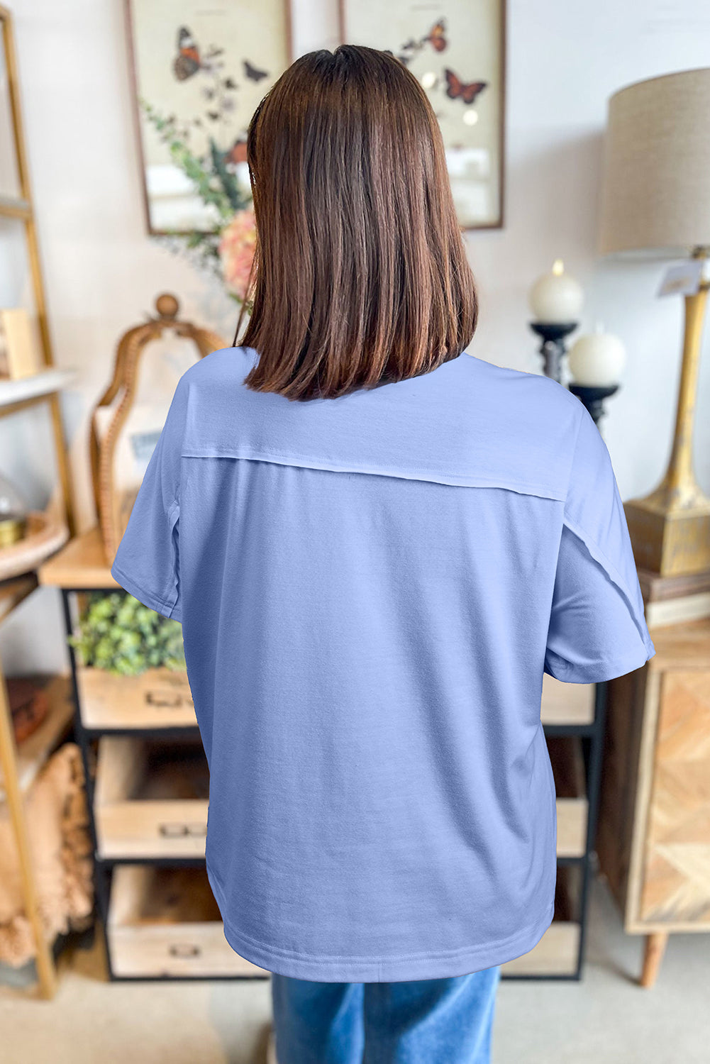 Sky Blue Flower Patched Exposed Stitching Trim Loose Tee