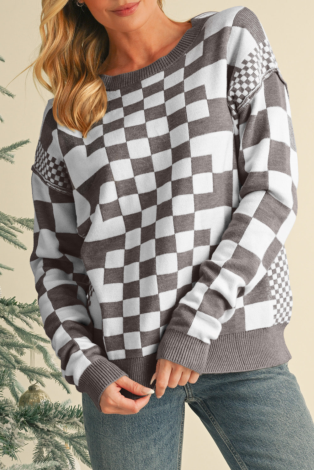 Gray Checkered Drop Shoulder Round Neck Sweater