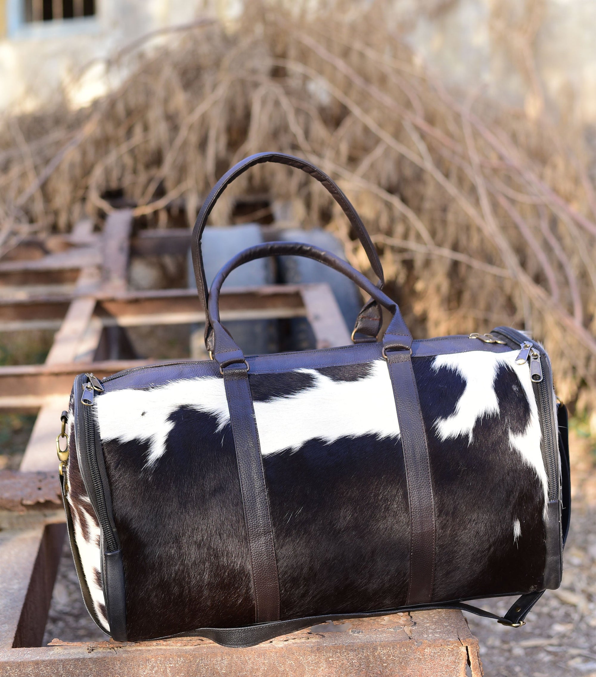 Black and White Overnight Bag, Cow Hide Pony Skin Design, Luxurious Travel Essential, Unique Gift for Jetsetter