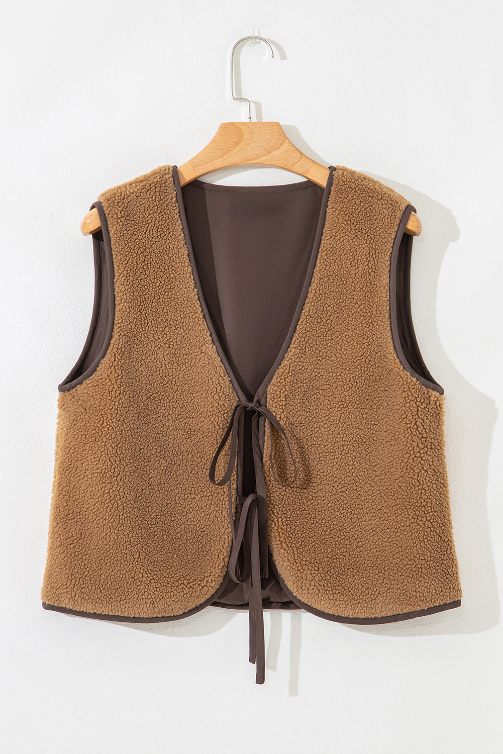Light French Beige Fleece Tie Front Winter Vest