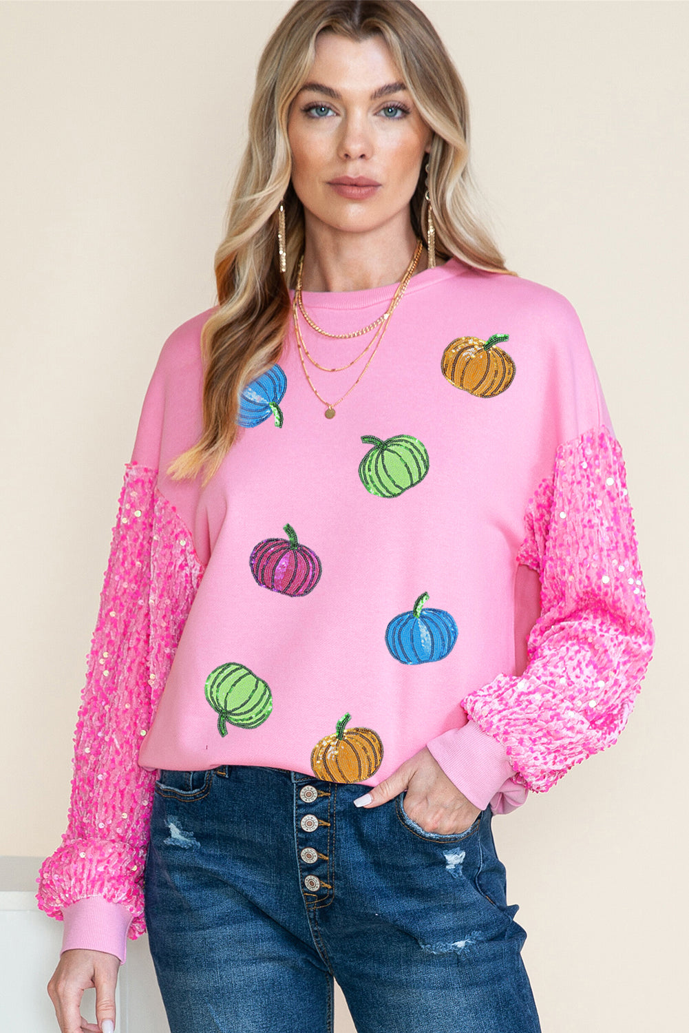 Pink Thanksgiving Halloween Pumpkin Pattern Sequin Sleeve Patchwork Pullover Top