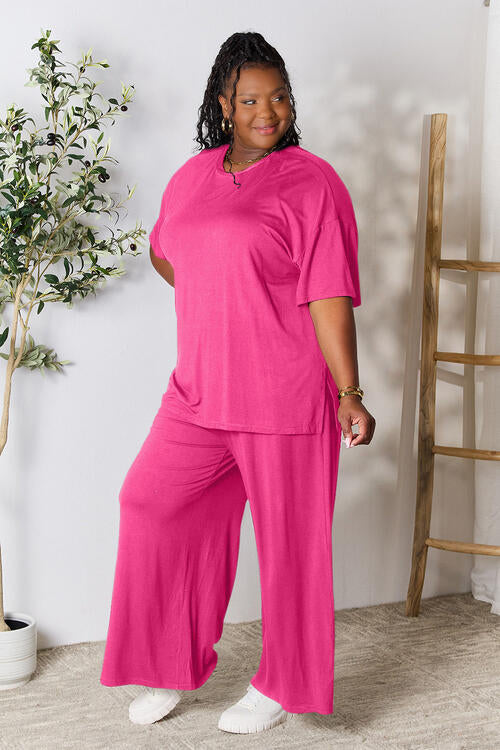 Double Take Full Size Round Neck Slit Top and Pants Set-1