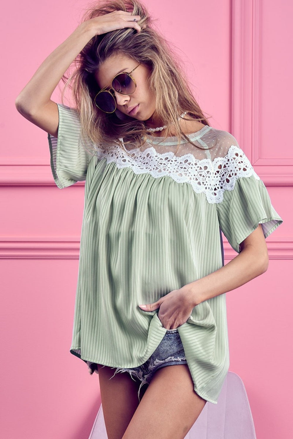 BiBi Lace Detail Short Sleeve Striped Blouse-2