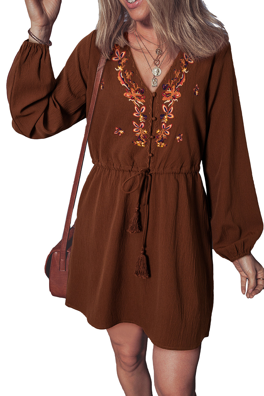 Burgundy Floral Embroidered Tassel Tie Waist Long Sleeve Mini Dress