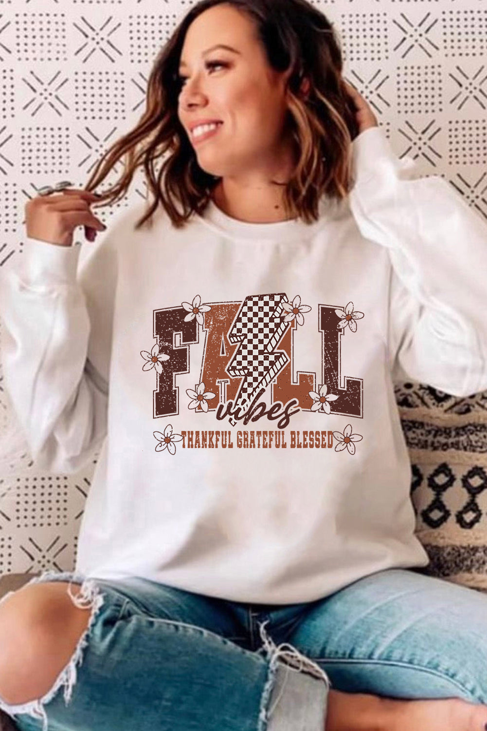 White FALL THANKFUL GRATEFUL BLESSED Graphic Drop Shoulder Sweatshirt