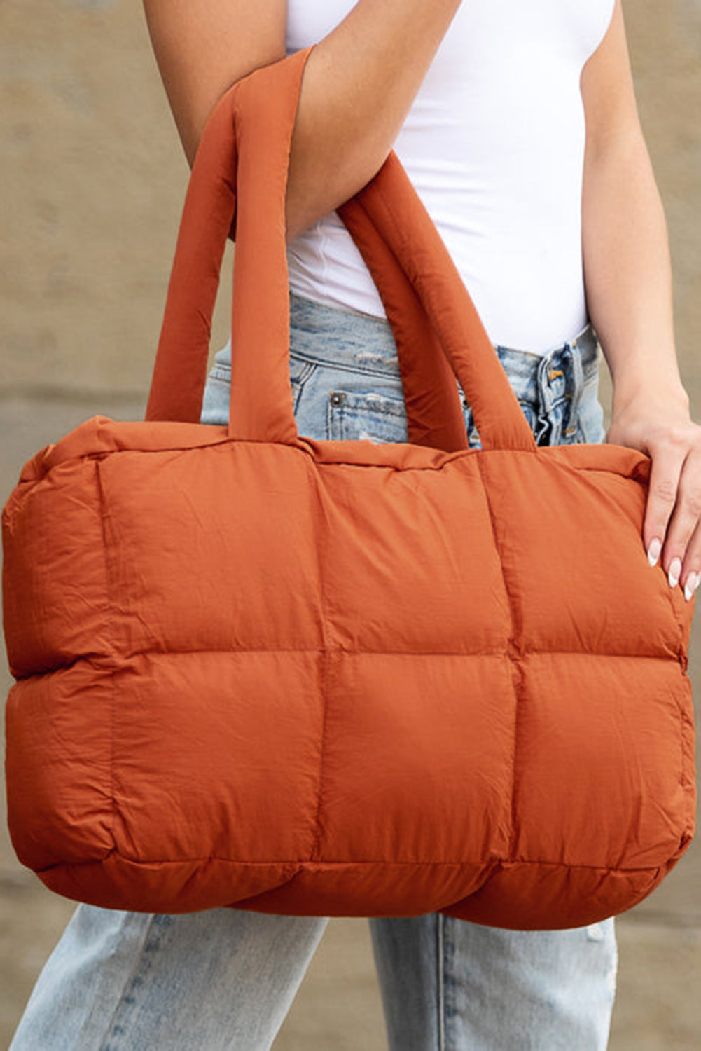 Cinnamon Solid Quilted Puffy Zipped Large Tote Bag