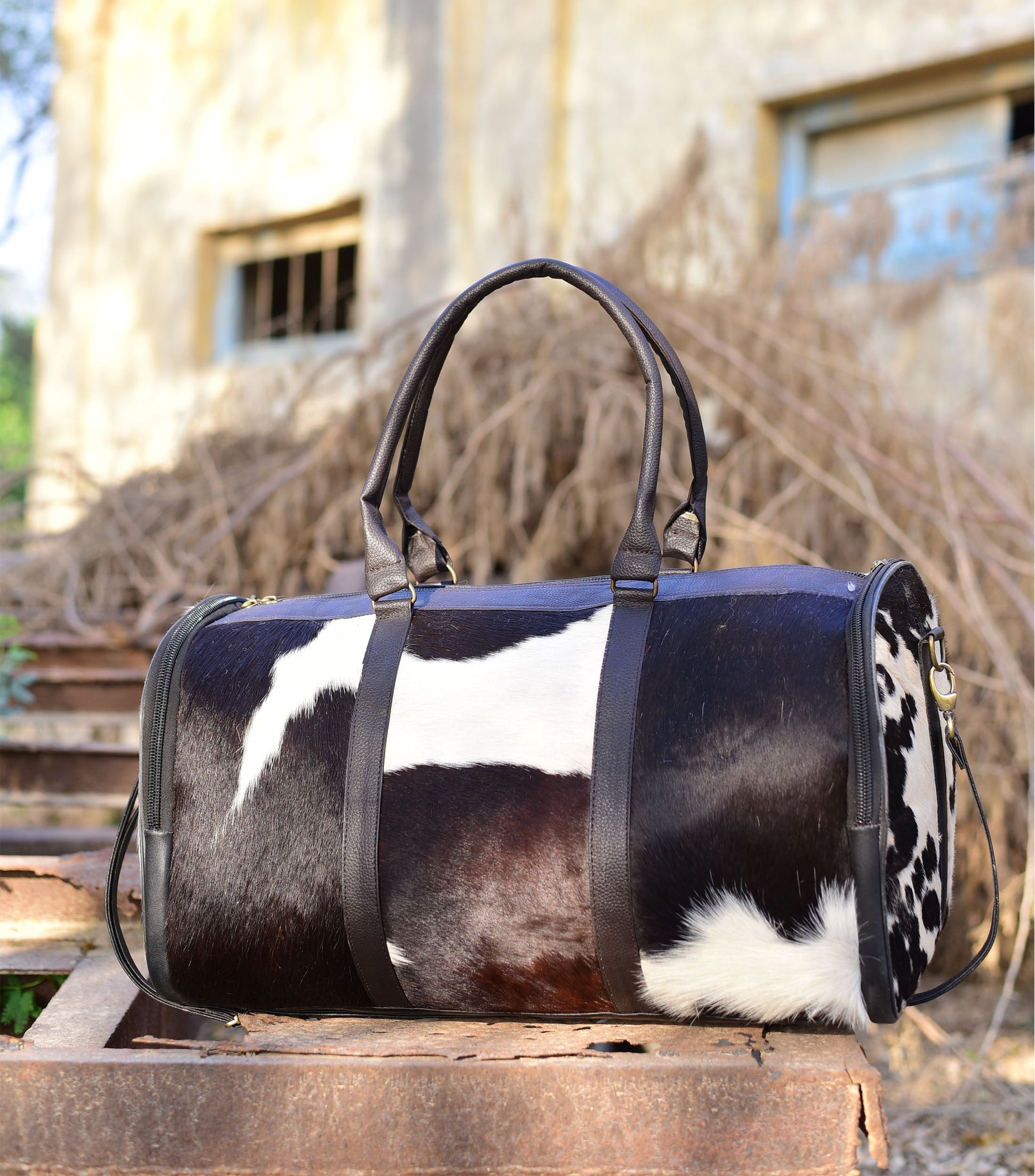 Black and White Overnight Bag, Cow Hide Pony Skin Design, Luxurious Travel Essential, Unique Gift for Jetsetter