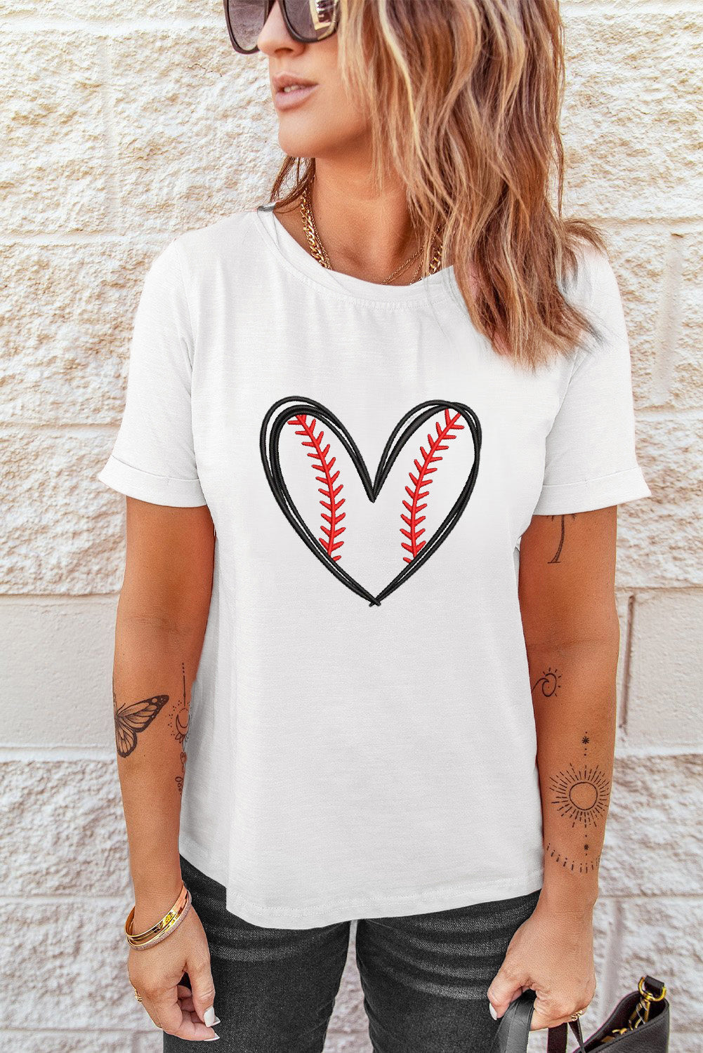 White Game Day Heart Shape Embroidery Graphic Tee