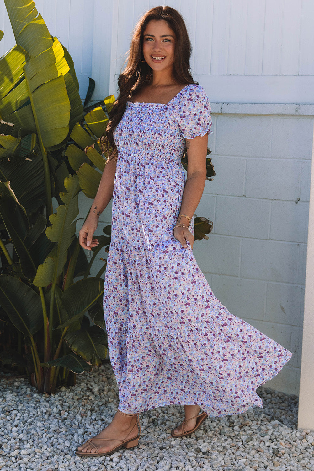 Lacey Floral Short Bubble Sleeve Maxi Dress-2
