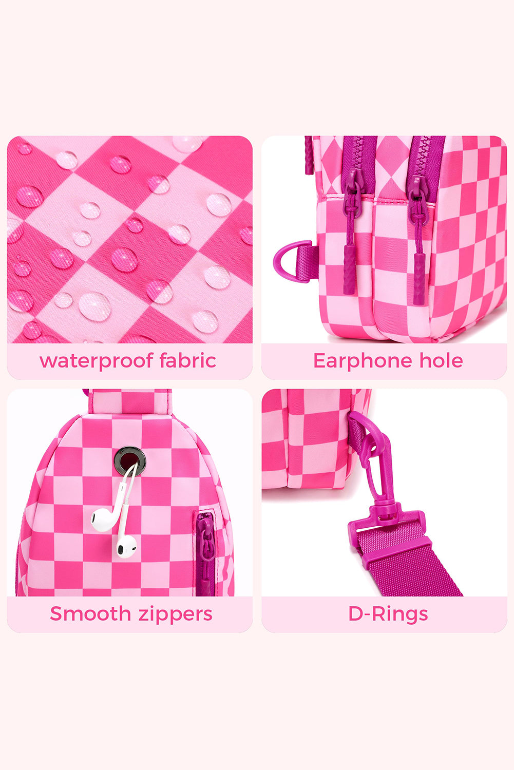 Rose Red Checkered Print Zip Front Crossbody Bag