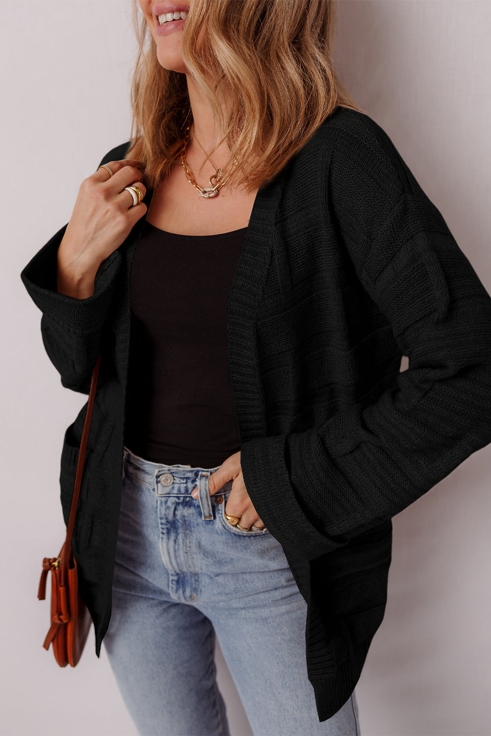 Black Solid Color Pocket Open Front Cardigan