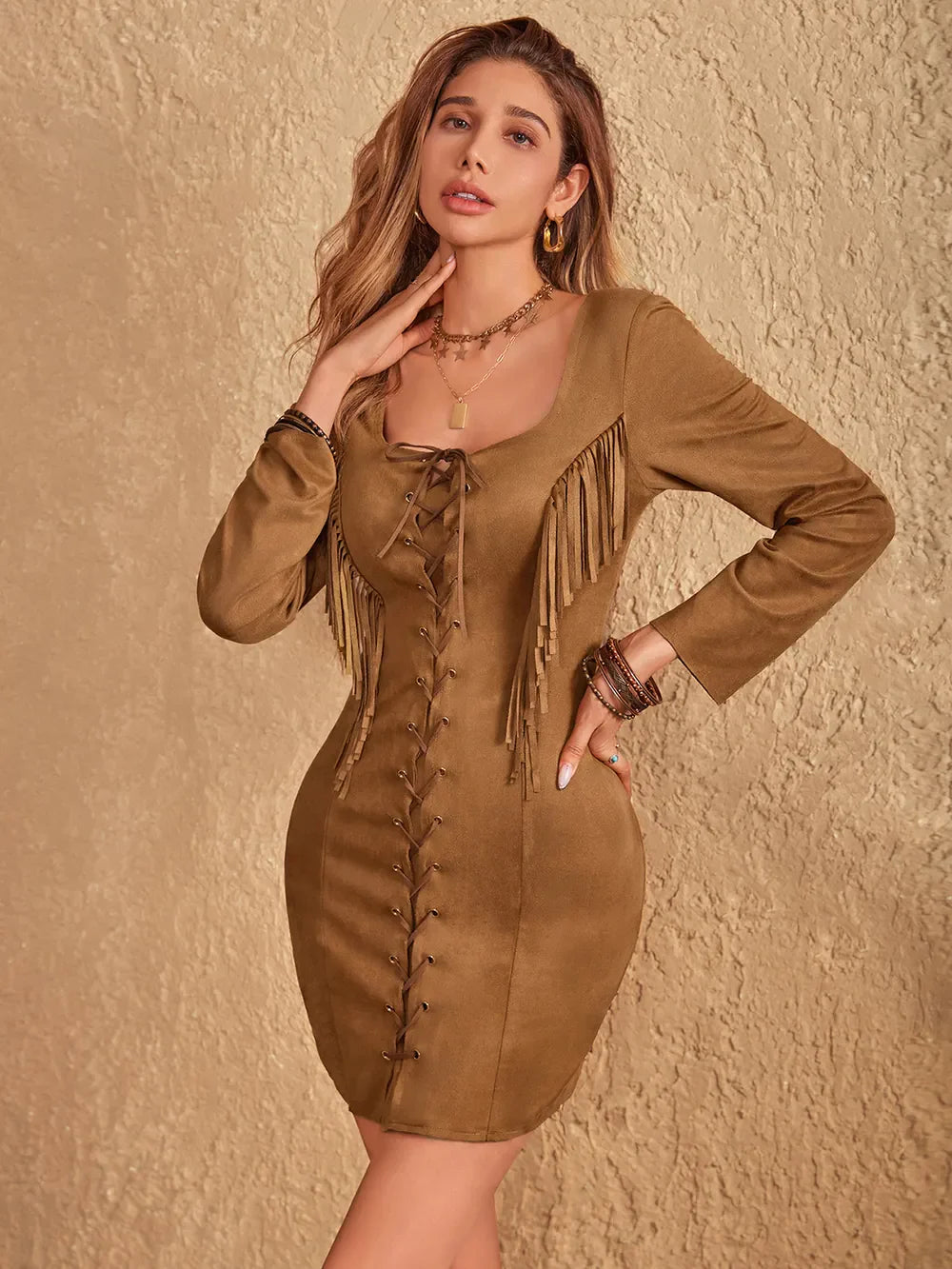 Fringe Lace Up Square Neck Long Sleeve Mini Dress
