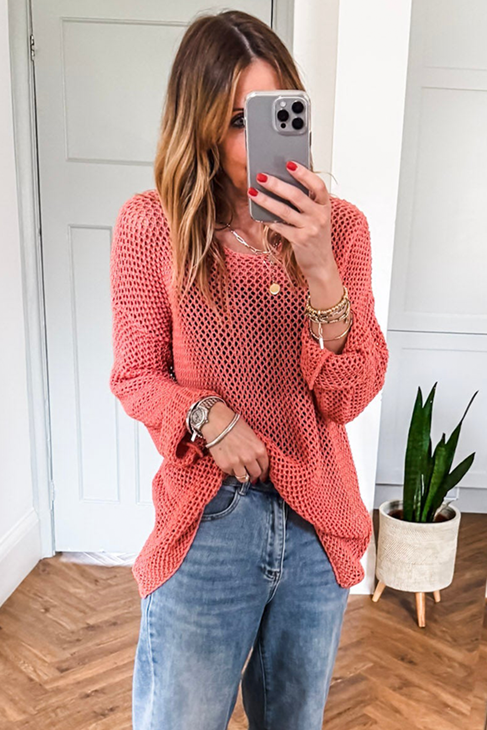 Coral Crochet Hollow-out Knit Sweater
