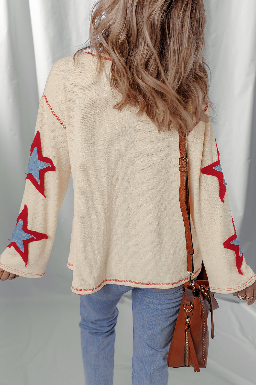 Beige USA Star Patchwork Exposed Seam Long Sleeve Top