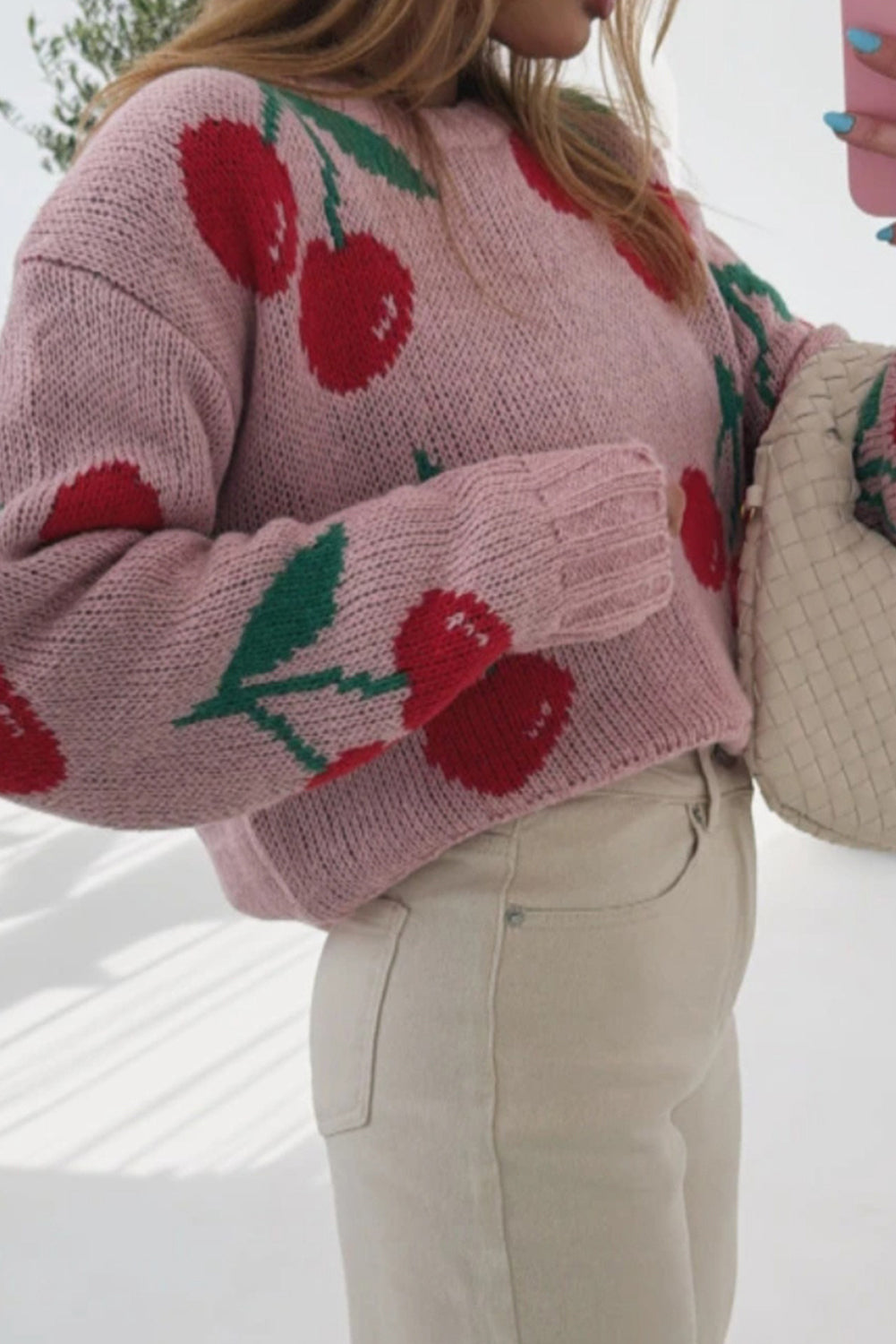 Pink Cherry Print Round Neck Knit Sweater