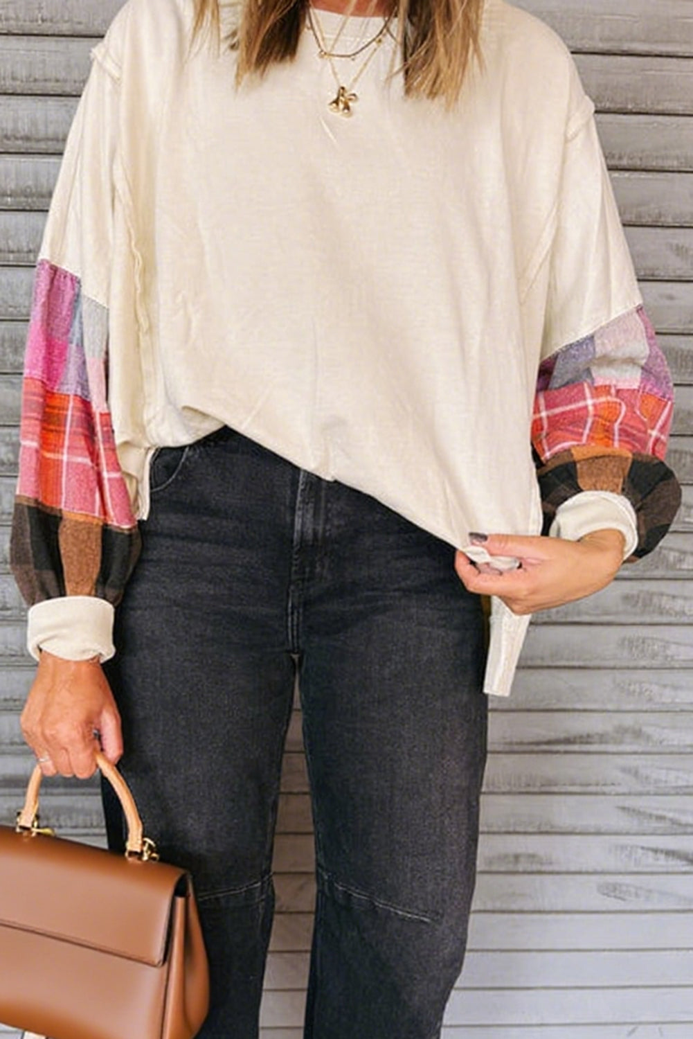 Beige Plaid Patchwork Long Sleeve Exposed Seam Loose Top