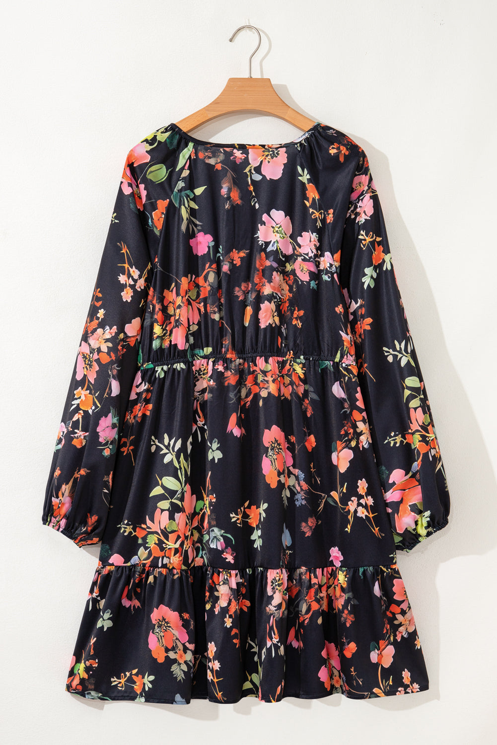 Black Plus Size Floral Print Tie Neck Cinched Waist Long Sleeve Mini Dress