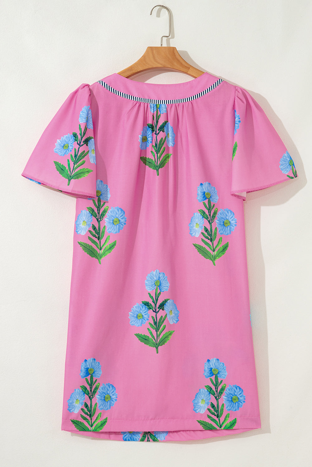 Rose Striped Trim Short Sleeve Split Neck Floral Mini Dress