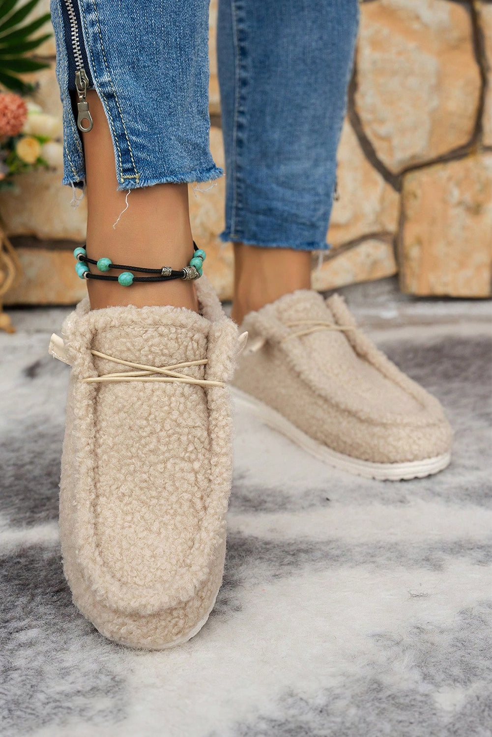White Plush Slip On Casual Shoes