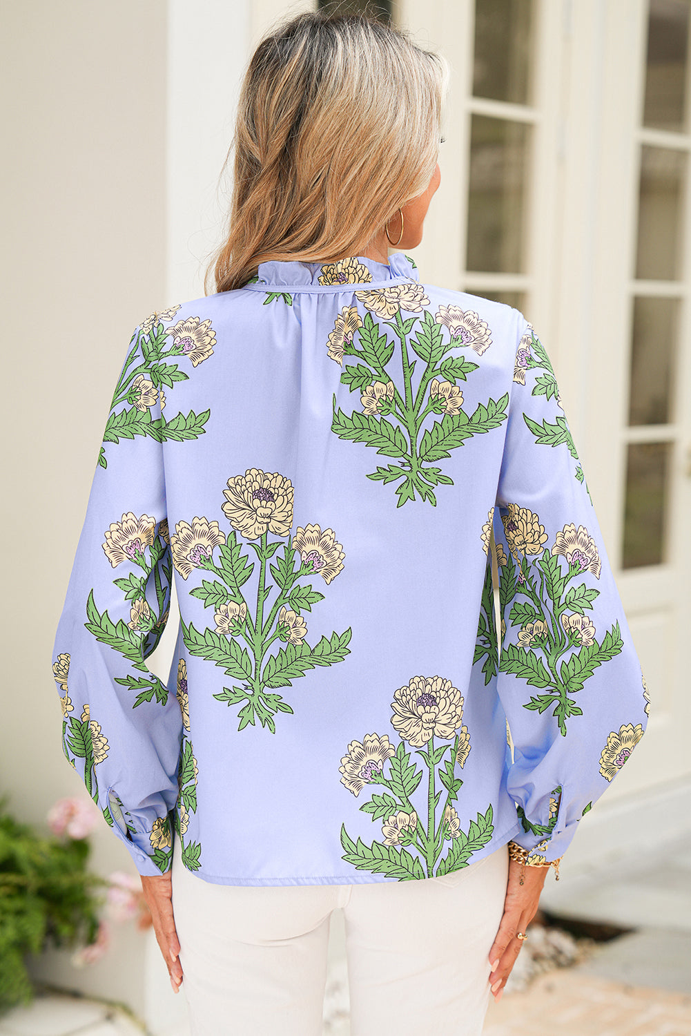Sky Blue Floral Print V Neck Bubble Sleeve Blouse