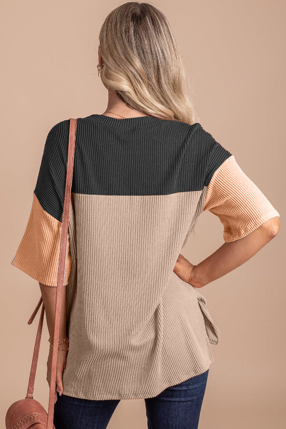 Black Color Block Ribbed Side Slits Half Sleeve Top