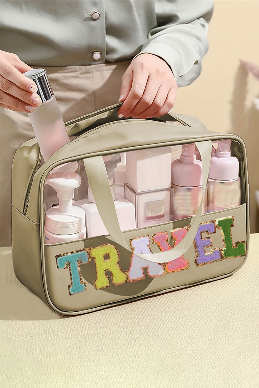 Parchment TRAVEL Letter Print Clear PVC Makeup Bag