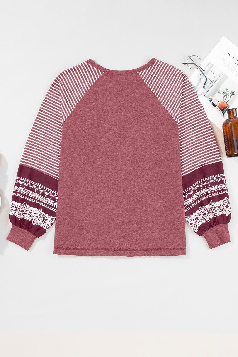 Mineral Red Contrast Print Striped Raglan Long Sleeve Loose Top