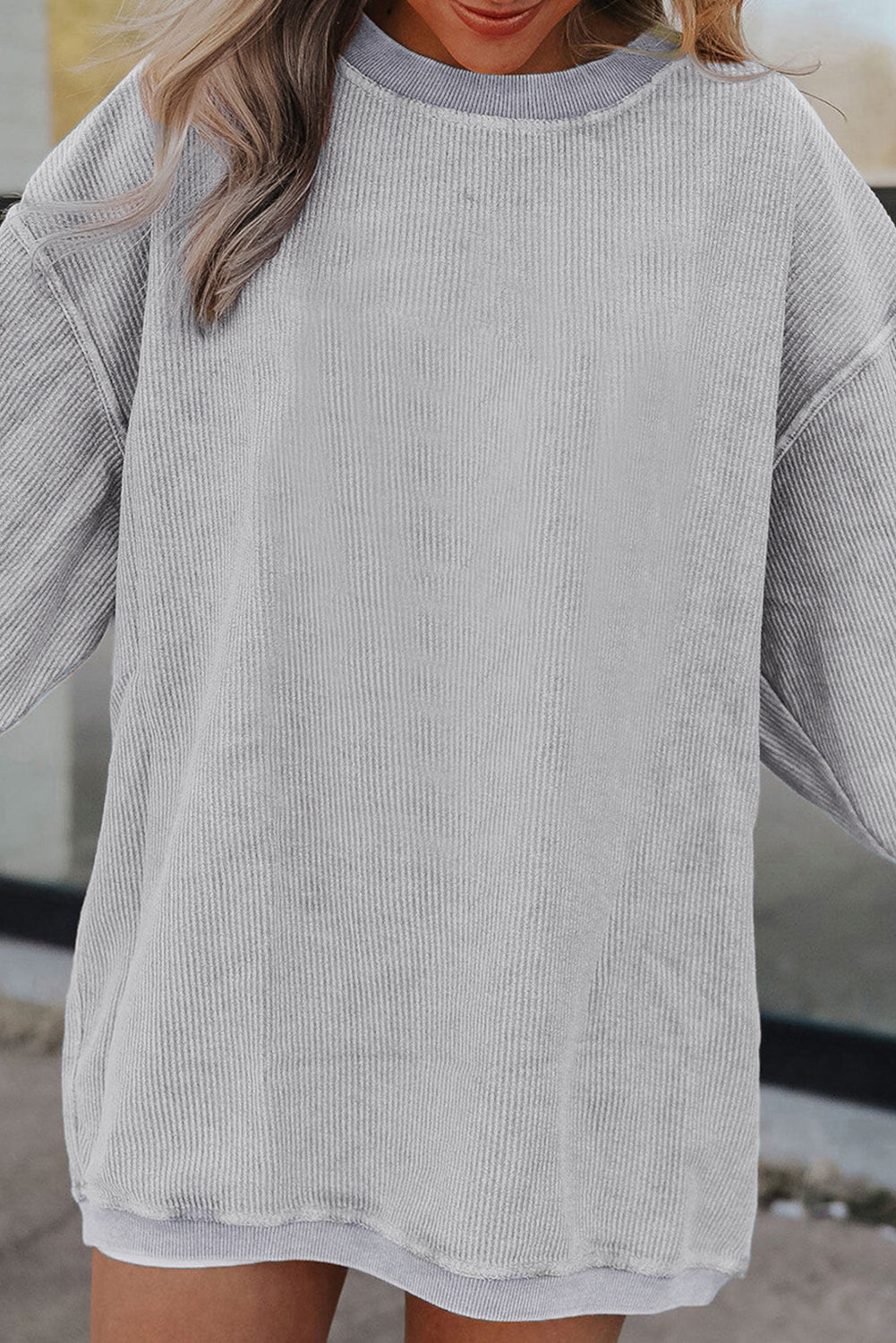 Light Grey Drop Shoulder Rib Knit Oversized Sweatshirt