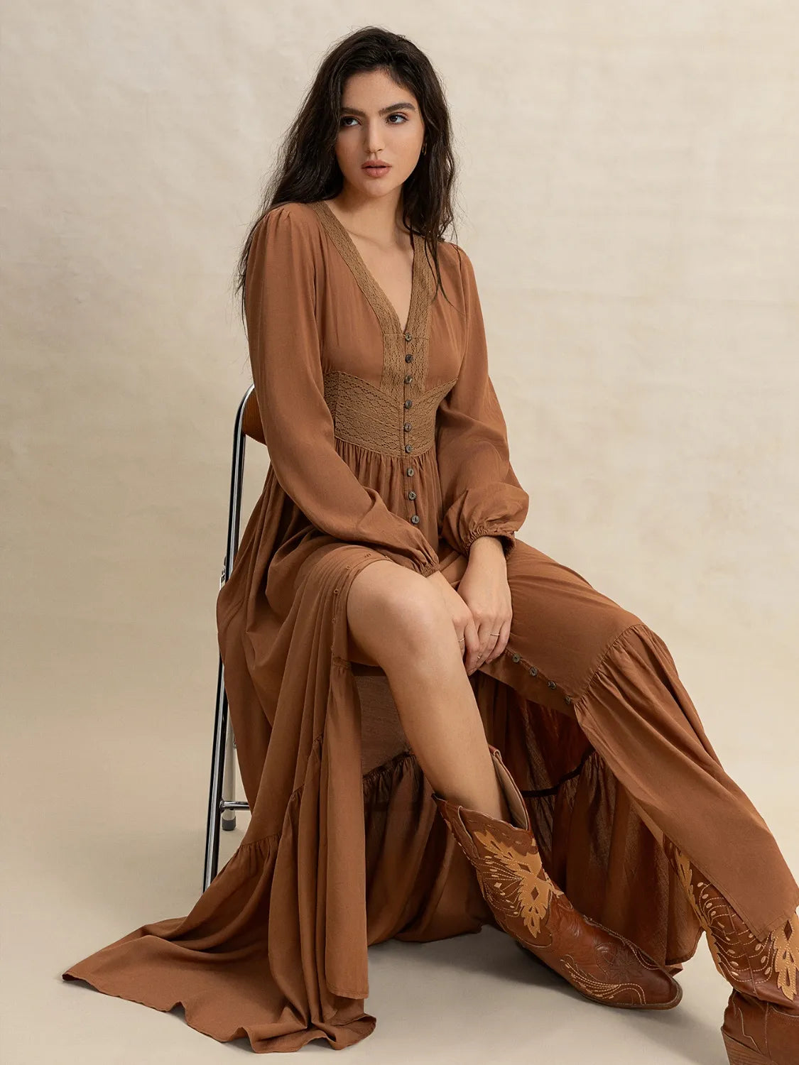 Ruffled Hem V-Neck Balloon Sleeve Maxi Dress