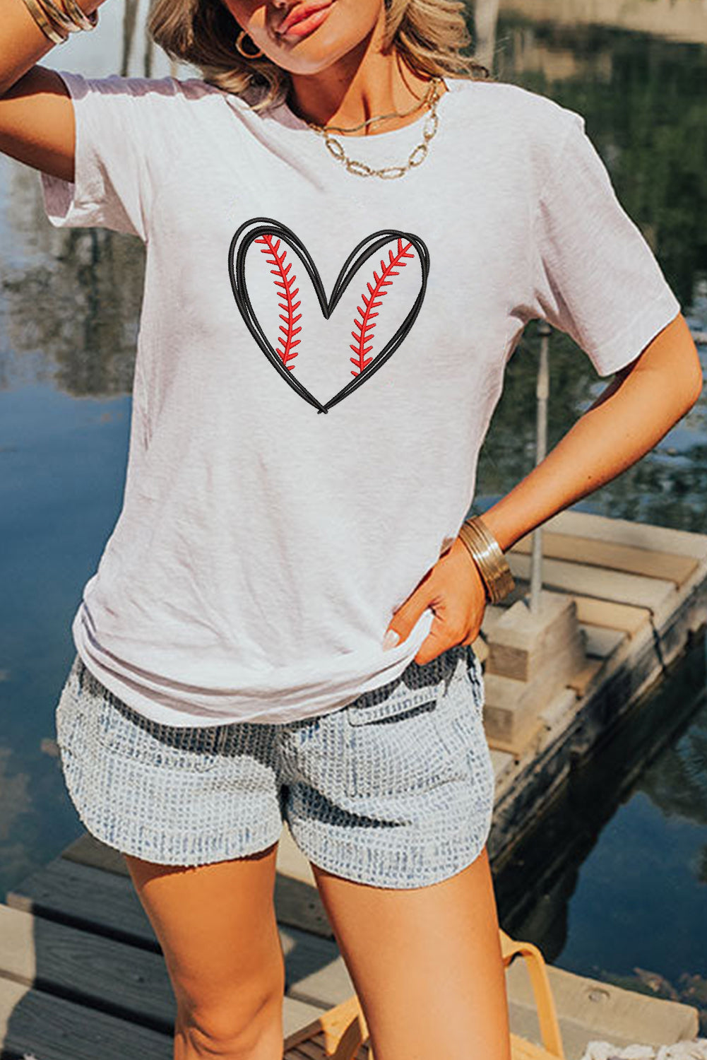 White Game Day Heart Shape Embroidery Graphic Tee
