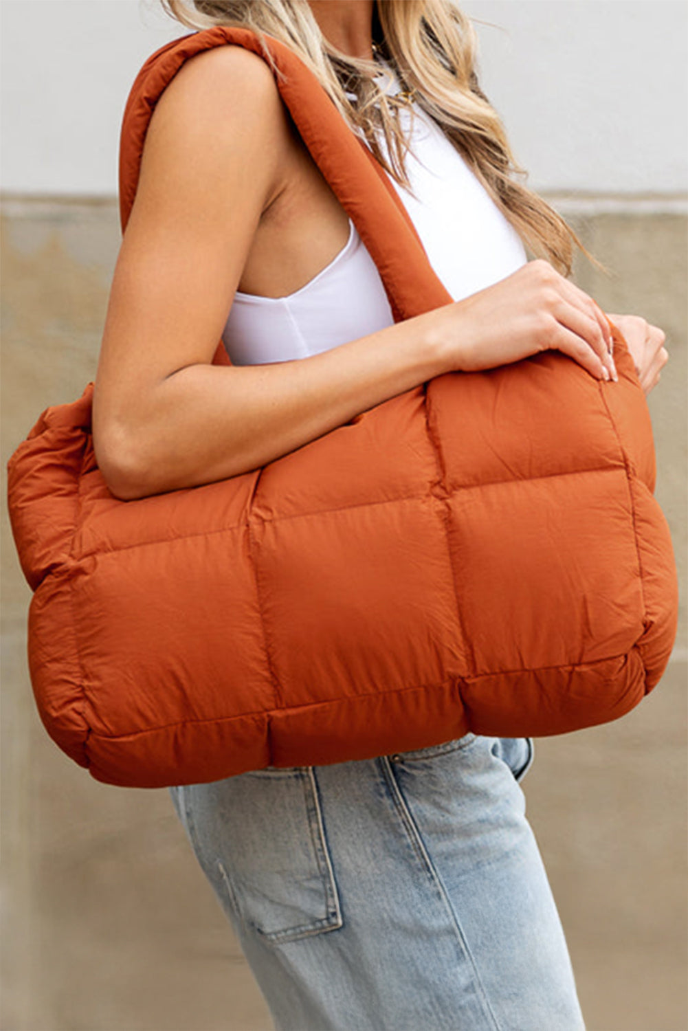 Cinnamon Solid Quilted Puffy Zipped Large Tote Bag