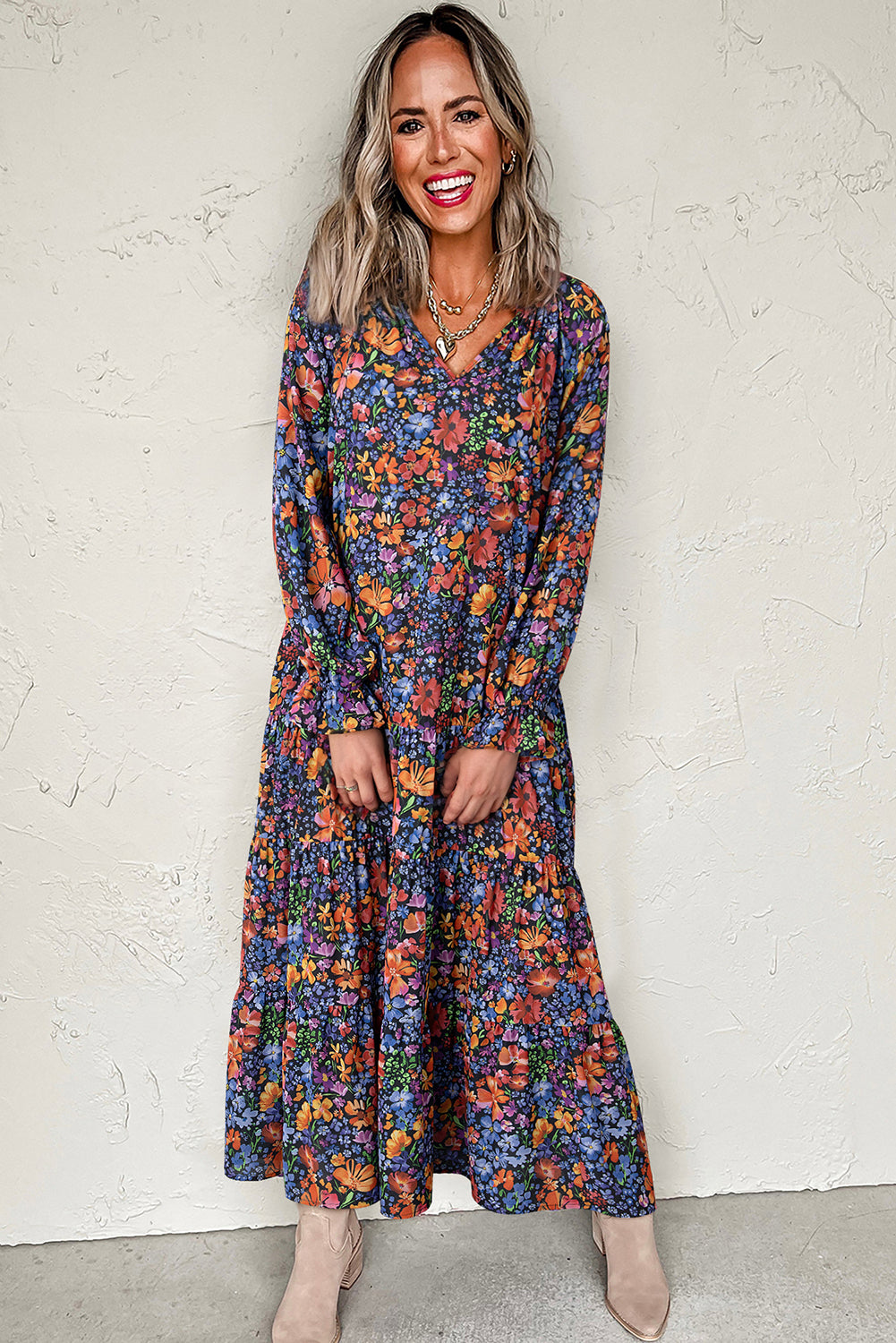 Blue Floral Print V Neck Long Sleeve Flowy Maxi Dress