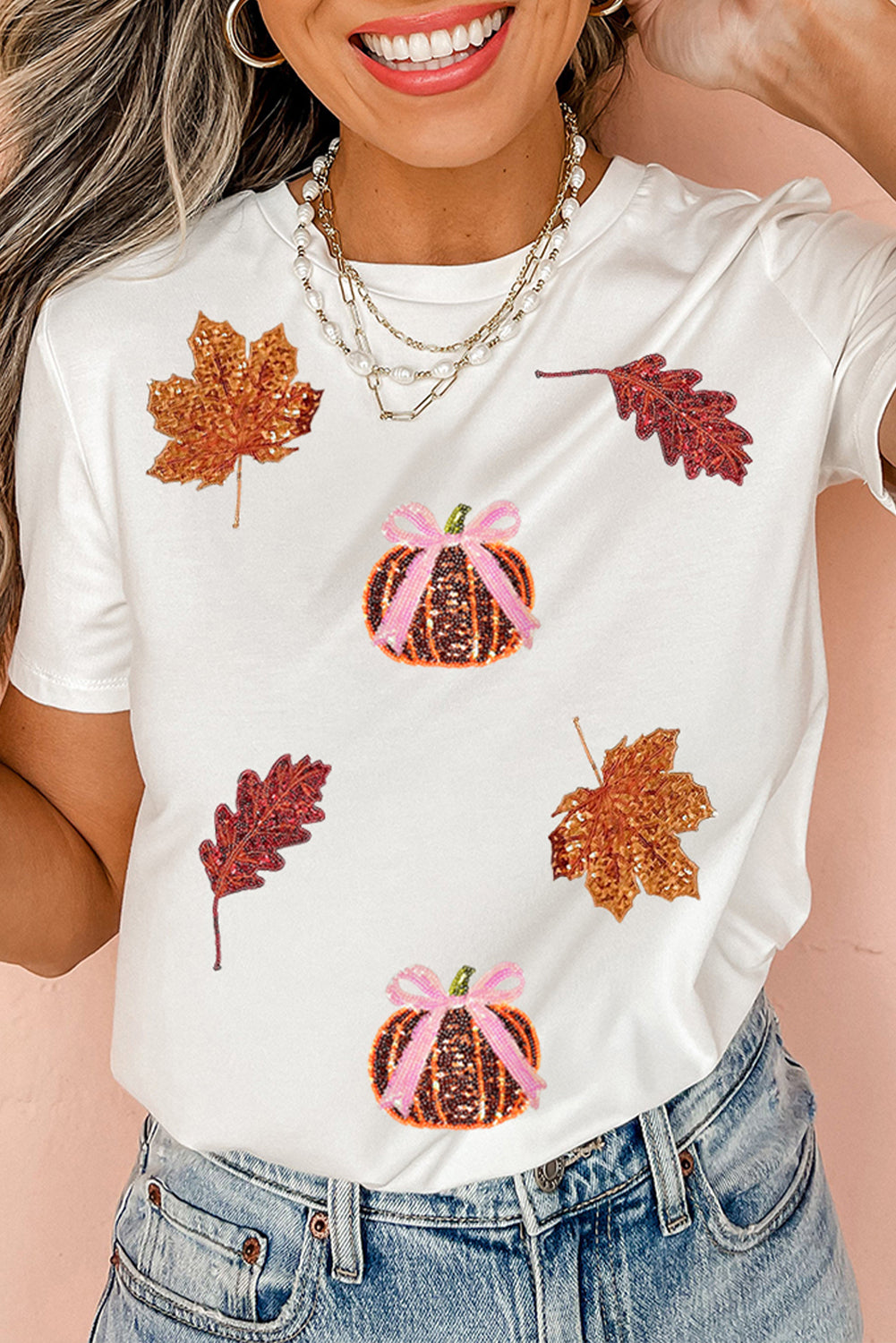 White Sequined Pumpkin Leaves Fall Vibe Graphic T Shirt
