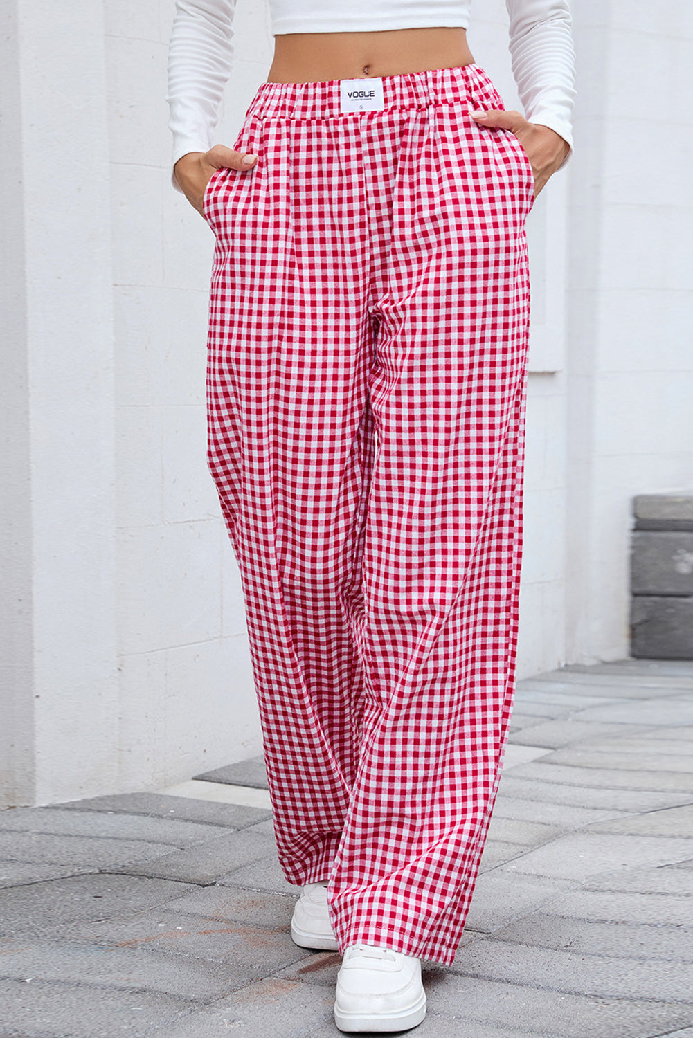 Fiery Red Gingham Casual Loose Pants