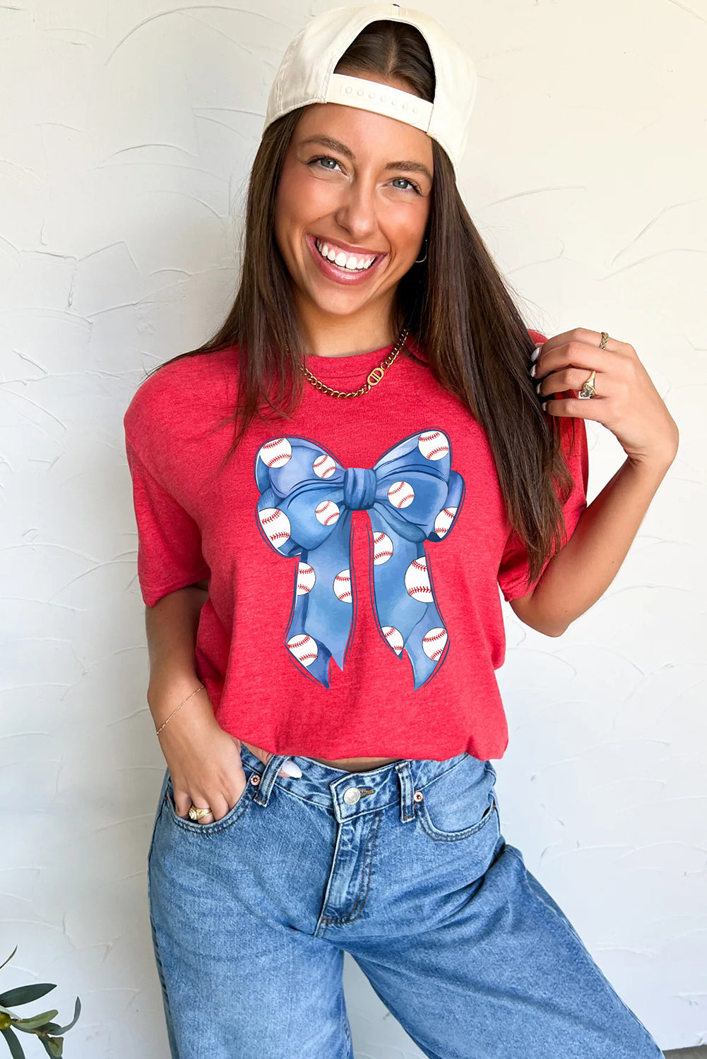 Red Baseball Bowknot Graphic Crew Neck Tee