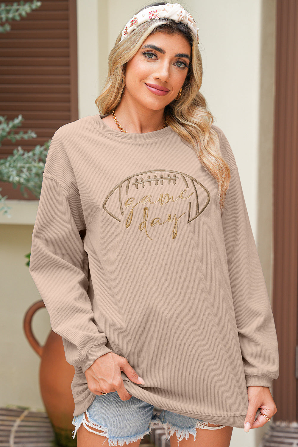 Apricot Football Graphic Drop Shoulder Game Day Corded Sweatshirt