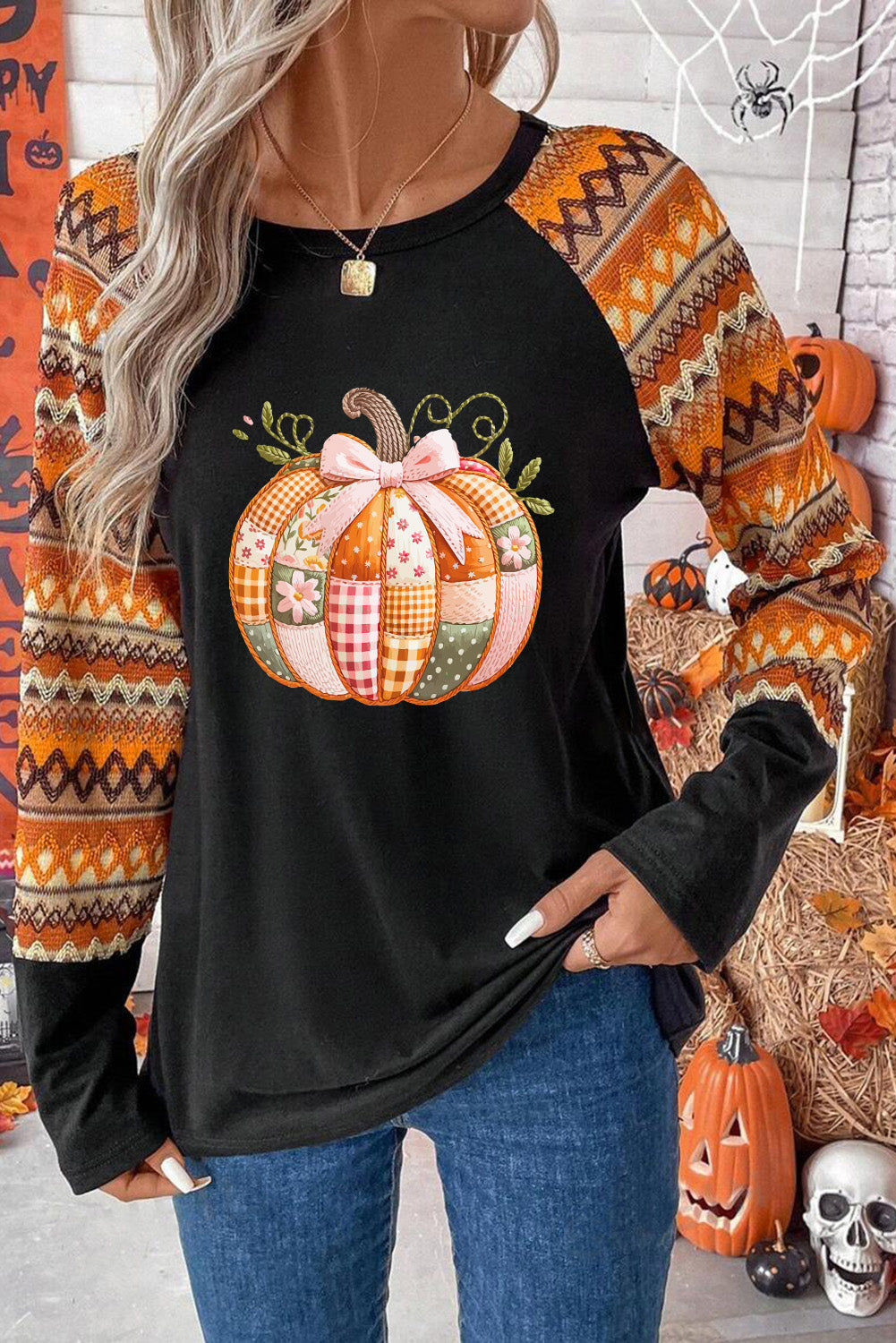 Orange Cute Pumpkin Graphic Geo Print Raglan Long Sleeve T Shirt
