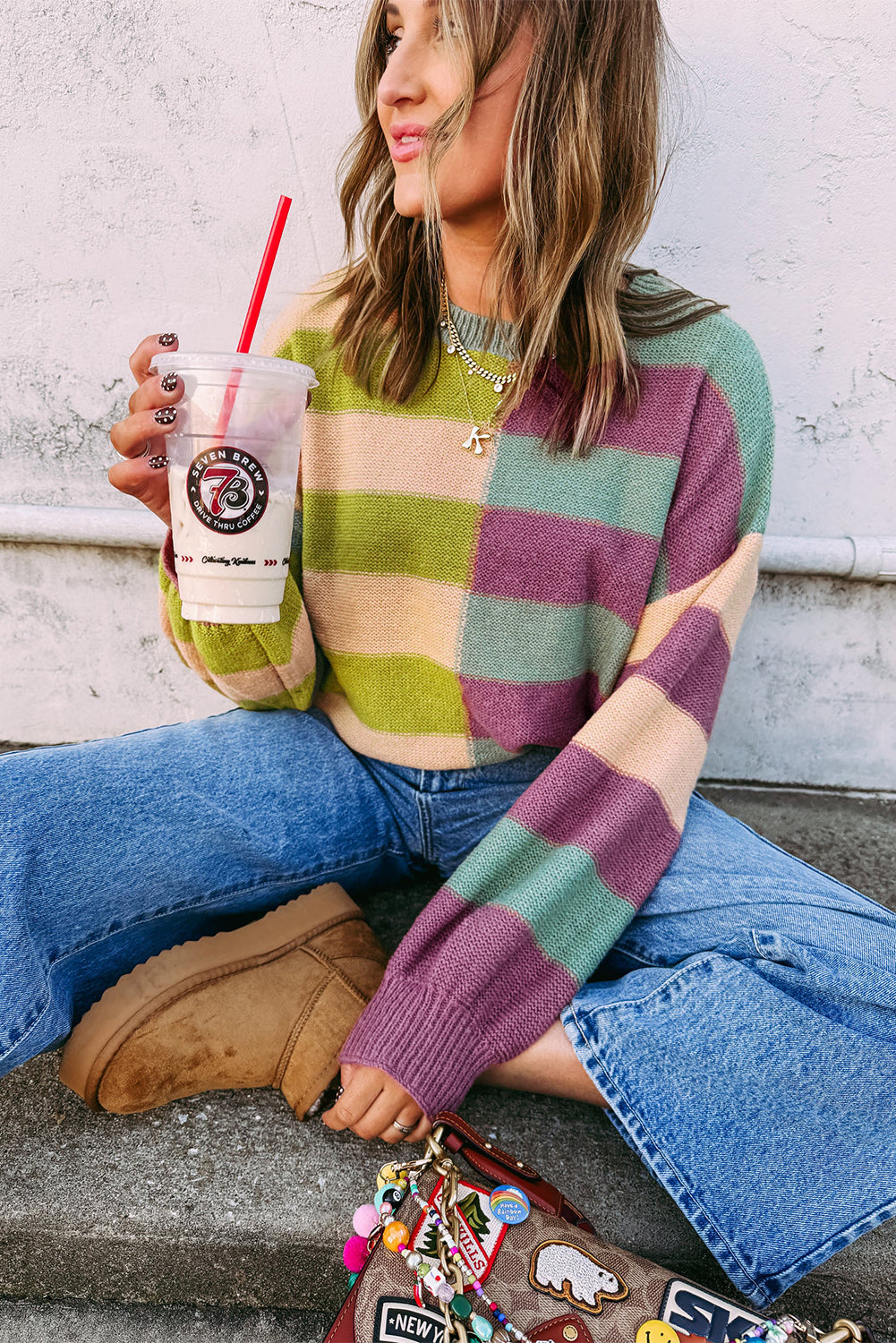 Green Stripe Colorblock Drop Shoulder Ribbed Edge Sweater