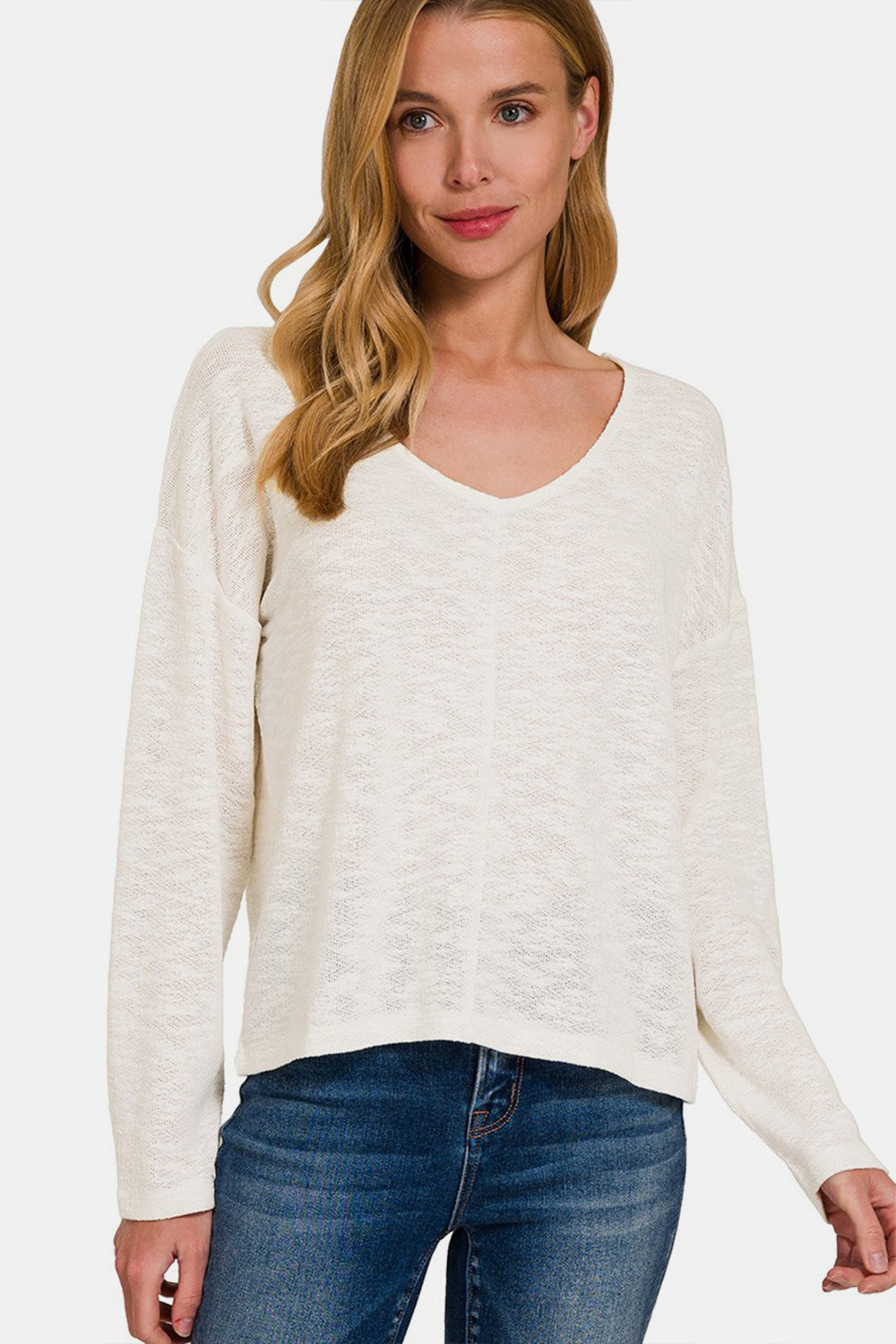 Zenana V-Neck Dropped Shoulder Long Sleeve T-Shirt-0
