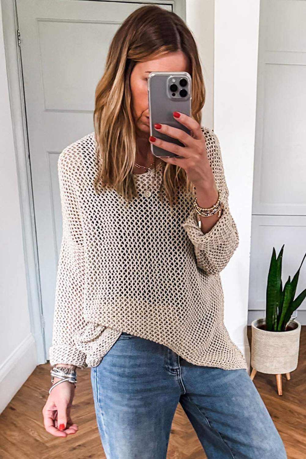 Smoke Gray Crochet Hollow-out Knit Sweater