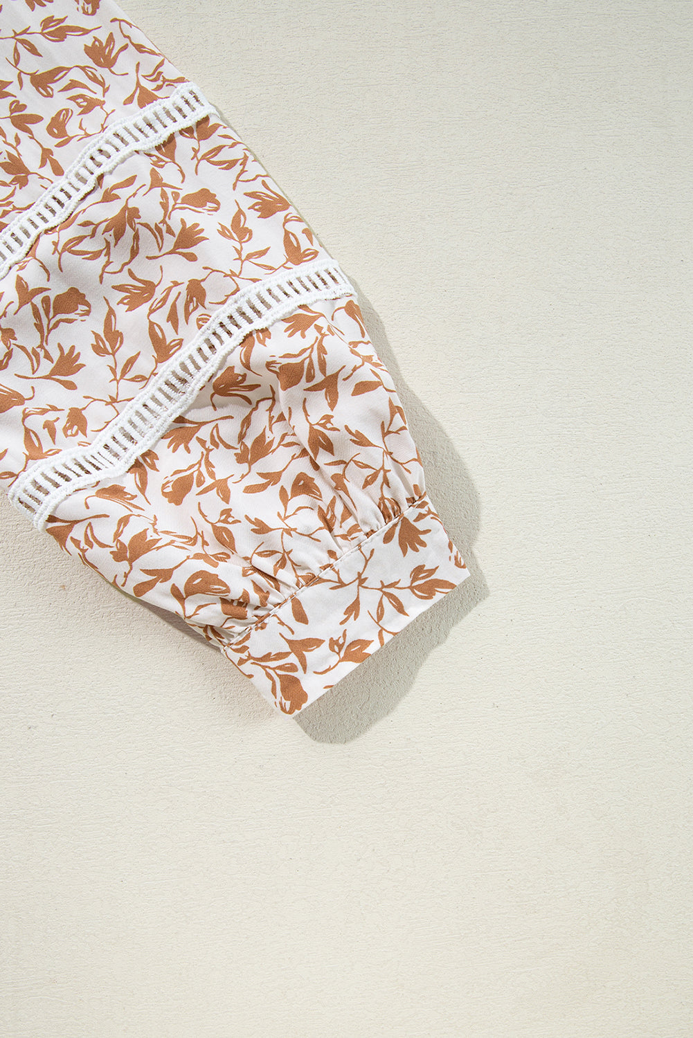 Khaki Printed Floral Print Lace Detail Puff Sleeve Shirt