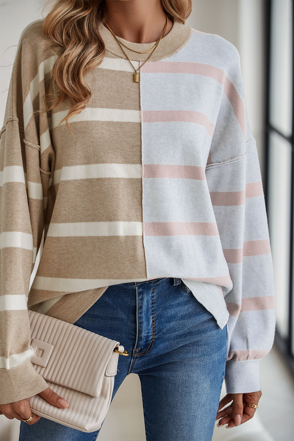 Khaki Stripe Exposed Seam Loose Sweater