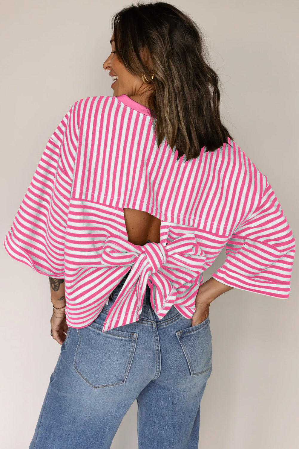 Pink Striped Bowknot Backless Drop Sleeve T-Shirt