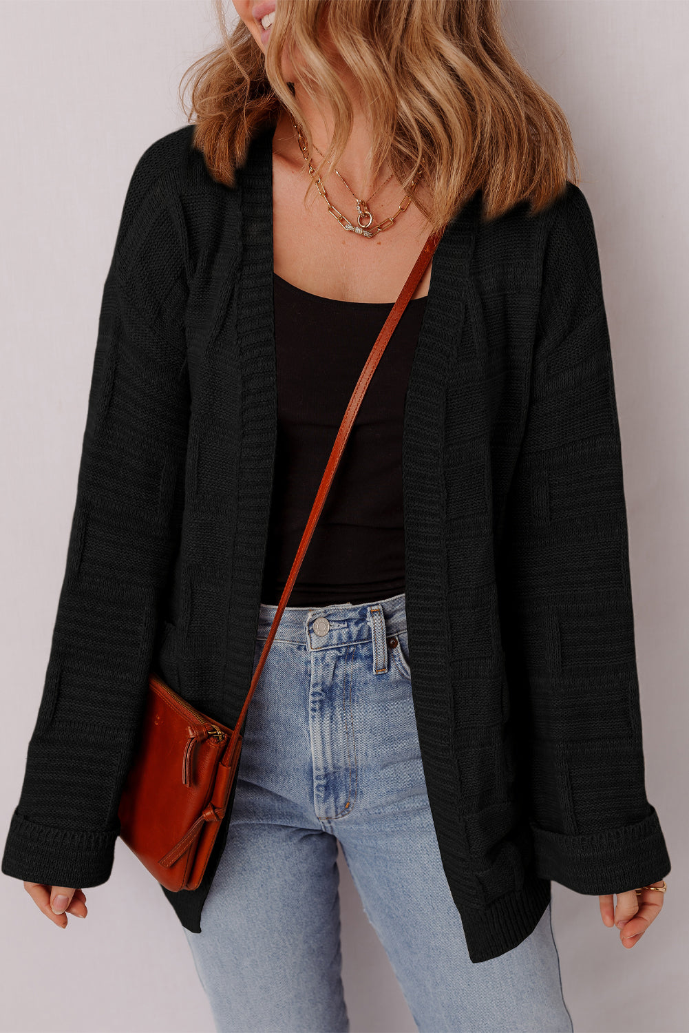 Black Solid Color Pocket Open Front Cardigan