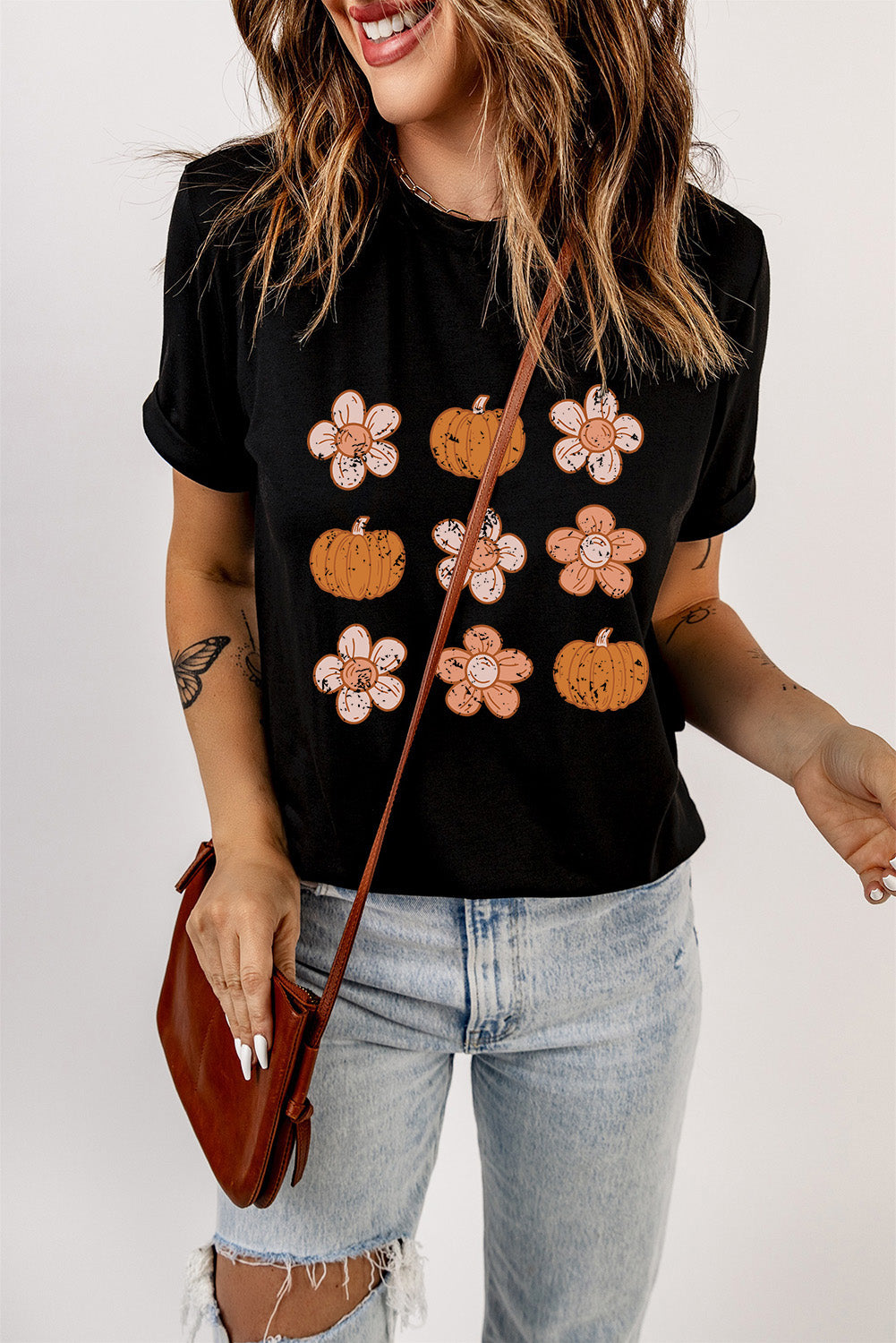 Black Pumpkin Flower Print Short Sleeve Graphic T Shirt