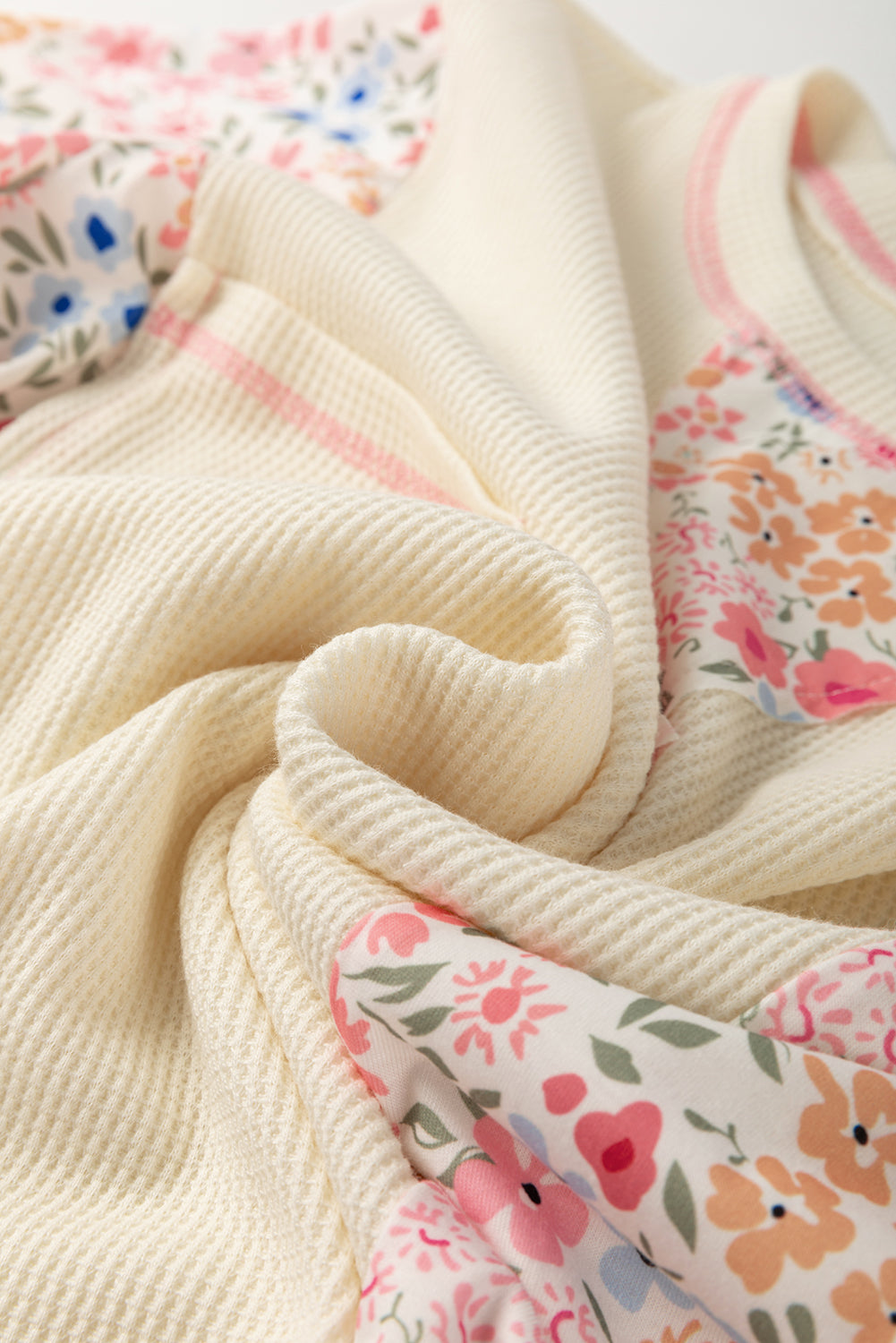 Beige Floral Patchwork Pocket Drop Sleeve Waffle T Shirt